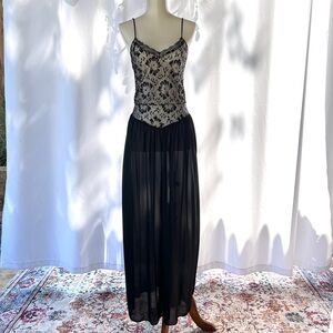 Vintage UnderCover Wear nylon rayon lingerie slip maxi black lace dress small